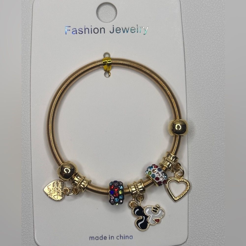Fashion Jewelry Gold and Multicolored Mickey Charm Stretch Bracelet